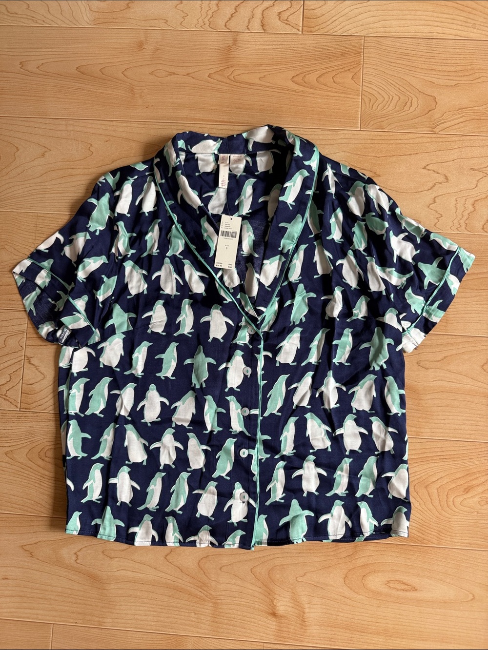 Anthropologie Lyrebird Silky Navy Penguin Print Short-Sleeve Button Top S NWT